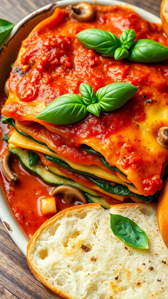 A hearty serving of vegan lasagna with layers of vegetables and marinara sauce, garnished with basil on a rustic table.
